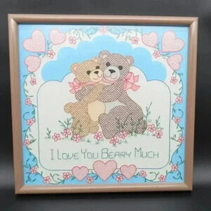 Golden Bee Embroidered Cross Stitch Love Bear Art Picture Vintage